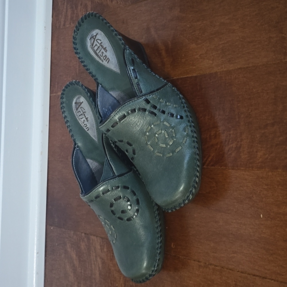 Clarks Green Leather Slip-On Clogs